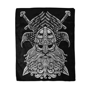 Imagem de rouihot Cobertor de flanela 152 x 203 cm, deus nórdico Odin com corvos e espadas, estilo de gravação de guerreiro viking no preto, decoração de casa, quente, aconchegante cobertor macio para sofá, cama