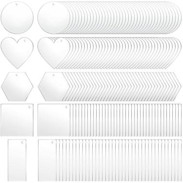 Imagem de MAQUITA 200 peças de acrílico chaveiro branco pingentes transparentes de acrílico inclui círculo coração quadrado retangular e hexágono em forma de chaveiro espaços em branco para projetos de