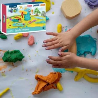 Imagem de Kit Massinha de Modelar Brinquedo Infantil com Ferramentas, Tesoura, Colher e Amassador, Dinossauro Colorido CRIATIVIDADE E DIVERSÃO MASSINHAS COLORIDAS - FERRAMENTAS INCLUSAS - INMETRO