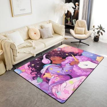 Imagem de Erosebridal Tapete para meninas afro, tapete kawaii cavalo preto cabelo feminino, tapete de chão interior estrelas arco-íris para crianças adolescentes, tapete decorativo de princesa afro, para