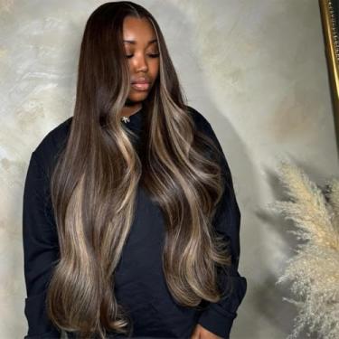 Imagem de CIYOO Peruca de cabelo humano loiro acinzentado de 61 cm x 15 cm realce ondulado ombré peruca frontal de renda pré-arrancada, perucas de cabelo humano colorido, sem cola, HD, transparente, perucas