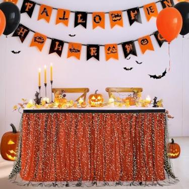 Imagem de Saias de mesa de tule preto laranja toalha de mesa tutu Halloween 2,7 m com LED para mesas retangulares redondas banquete festa de aniversário formatura