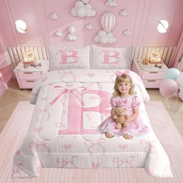 Imagem de Erosebridal Conjunto de edredom com letra B com letra rosa, para mulheres, adolescentes e meninas, decoração de quarto, edredom com nó de borboleta, geométrico, quente, com nó de borboleta, edredom