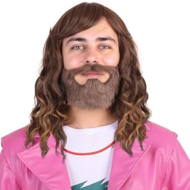 Imagem de ColorGround Peruca masculina de cosplay encaracolado marrom médio com barba para festa de Halloween