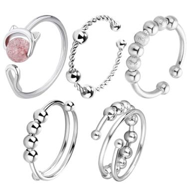Imagem de 5Pcs Fidget Rings with Beads, Anti Anxiety Rings for Women, Open Adjustable Fidget Spinner Ring Women with Beads,Silver Plated Brass Metal Anti-Worry Spinner Ring