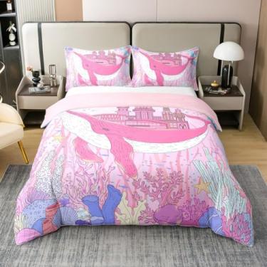 Imagem de Conjunto de capa de edredom de baleia rosa 100% algodão, conjunto de cama solteiro peixe oceano, animal marinho náutico para decoração de quarto de castelo de princesa sonhadora para crianças e