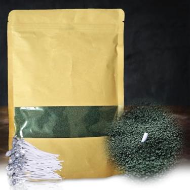 Imagem de DRMAISON Kit DIY de cera de cera de vela perolada - 1,000 g, verde escuro, não tóxico e livre de fumaça, recarregável com 60 pavios, chama de longa duração, altamente personalizável para decoração de