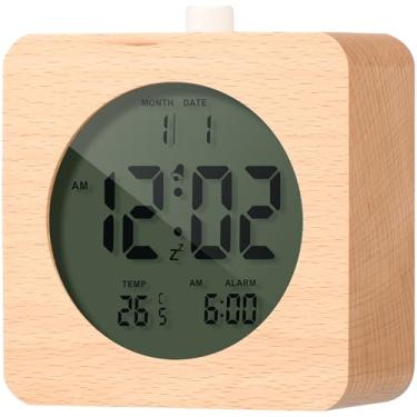 Imagem de KHZSPP Despertador digital, relógio de cabeceira de madeira com visor LCD retroiluminado, temperatura, sensor de brilho, relógio de mesa portátil para quartos de cabeceira (quadrado)