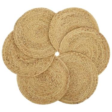 Imagem de Conjunto de 6 peças de jogo americano de tecido, tapetes de mesa redondos de 35,5 cm, jogo americano de mesa de jantar resistente ao calor, tapetes de mesa trançados decorativos, jogos americanos