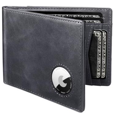 Imagem de Carteira masculina com suporte AirTag, carteira AirTag de couro de flor integral dobrável com janela de identificação RFID para presentes, para homens, pai, marido, até 12 cartões, Cinza vintage
