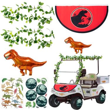 Imagem de CZgfva Decoração de carrinho de golfe de dinossauro - 36 peças Halloween dinossauro folha balão bandeira verde guirlanda kit de adesivos de carrinho de golfe para festival, acessórios de carro para