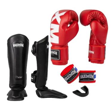 Imagem de Kit Luva de Boxe Vermelho + Caneleira Muay Thai Classic Preto + Bandagem + Protetor Bucal - Maximum Boxing (LUVA 14oz + CANELEIRA M)