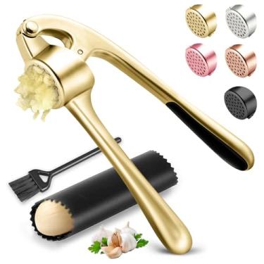 Imagem de Espremedor de alho de cozinha, à prova de ferrugem e pode ser lavado na lava-louças, conjunto de triturador de alho durável com descascador e escova, fácil de limpar e espremer, dourado