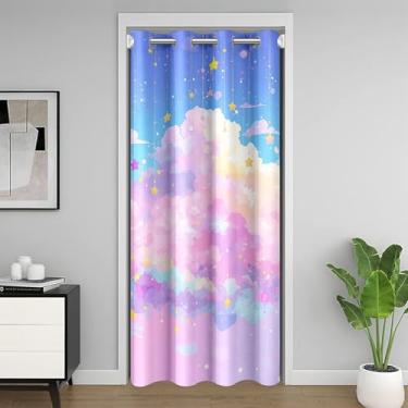 Imagem de jejeloiu Kawaii Cortina de porta arco-íris nuvem para janela de porta 106,7 cm x 203,2 cm Adorável arco-íris infantil divisórias de quarto temporárias com isolamento térmico capa de armário estampa de