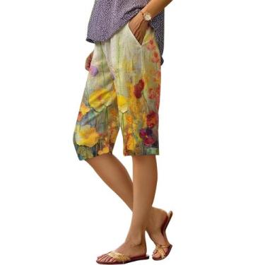 Imagem de Shorts DMOYALA com estampa floral de linho, cintura alta, perna reta, 