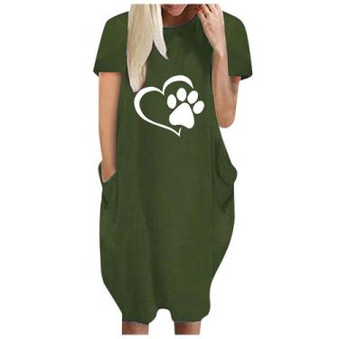 Imagem de Moda Feminina Loose Love Print O-neck Bolsos Casual Vestido de mangas 