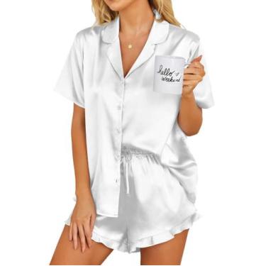Imagem de Conjunto de pijamas Ekouaer Silk para mulheres com botões branco XXL
