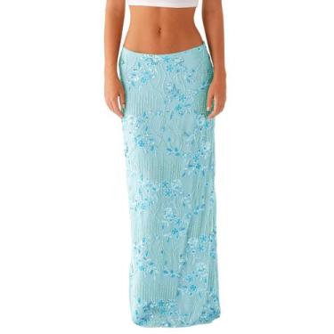 Imagem de Saia maxi SOOKABEILA com bordado floral de lantejoulas para mulheres