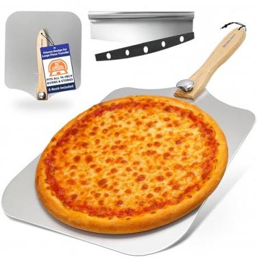 Imagem de KITCHUS MOON Pá de pizza grande de 40,6 cm – Casca de pizza de metal extra grande com 35,5 cm de largura, espátula de pizza para mover facilmente pizzas grandes, pá de pizza com alça longa dobrável com dicas para usar no e-book