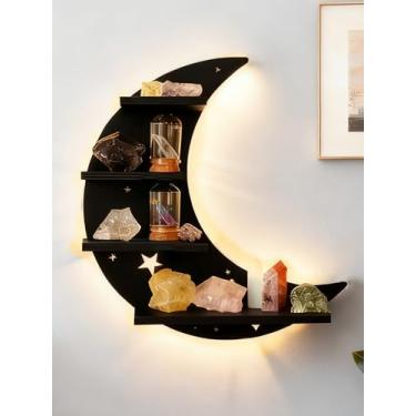 Imagem de GDSZBYSM Prateleira de exibição de cristal, sem montagem, prateleira de parede com luzes de LED para bugigangas de minerais, esmalte, suporte de bugigangas de vidro, decoração de quarto de escritório