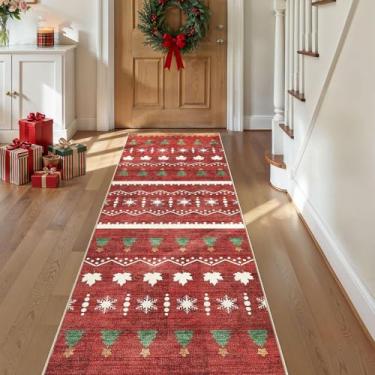 Imagem de Tortania Tapete de Natal 5 x 15 cm – Lavável Macio Neutro Boho Marroquino Boêmio Casa de Fazenda Tapete Interior para Corredor Cozinha Entrada - Vermelho Natal