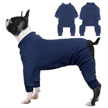 Imagem de IECOii Pijamas para cachorros, macacão de lã quente de manga comprida para uso interno e externo, macacão elástico confortável para cães pequenos, meninos e meninas, lavável na máquina, azul marinho