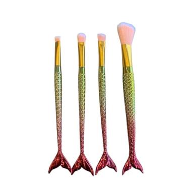Imagem de Kit de Pincéis de Maquiagem Sereia com 4 Peças, Cerdas Macias, Design Ergonômico, Cores Sortidas, para Aplicação de Base e Sombras (Dourado e Coral)