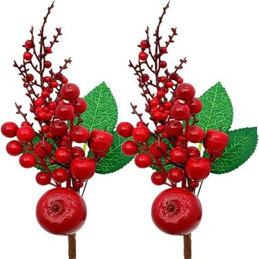 Imagem de Ramos Galho Maça Vermelha Decoração De Natal 35cm Kit 12pçs