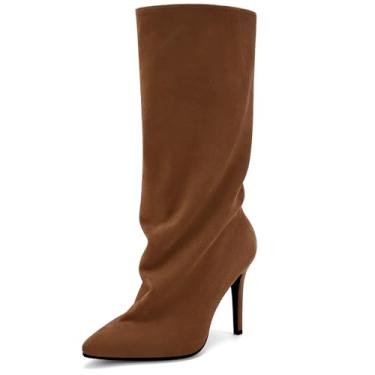 Imagem de Perisis Botas femininas despojadas cano médio pretas longas de puxar salto agulha bico fino botas de tubarão para mulheres sexy moda, Camurça marrom, 41