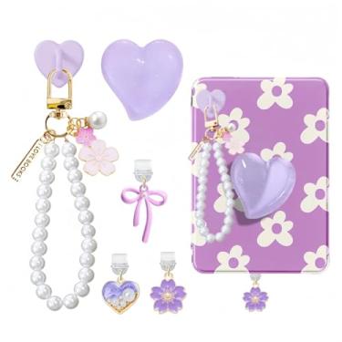 Imagem de Conjunto de pingentes de 6 peças compatível com Kindle, acessórios incluindo plugue antipoeira tipo C/USB C, corrente de pingente com gancho, suporte de coração rosa, compatível com Kindle Paperwhite