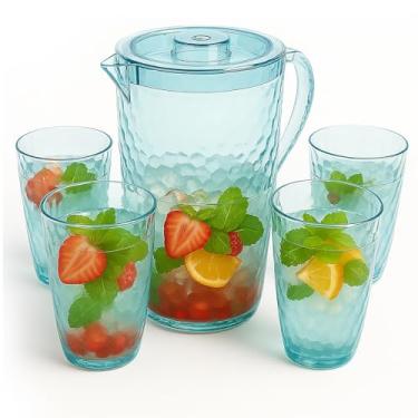 Imagem de Conjunto de jarra de água de plástico de 2,4 litros com tampa e 4 copos, livre de BPA, conjunto inquebrável de 2,4 L, lavável na lava-louças, ideal para chá gelado, sangria, limonada, suco, leite