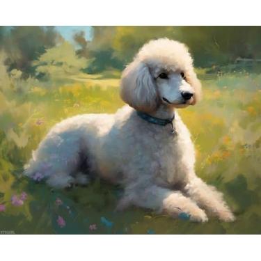 Imagem de XTXGERL Kits de pintura por números Poodle on Grass Meadow DIY Kits de pintura digital por números em tela decoração de parede para casa presente 40,6 x 50,8 cm