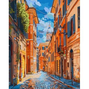 Imagem de VNUIEHG Kit de pintura por números de ruas e becos em Roma, Itália, para adultos, pintura de paisagem por número em tela, kits de pintura a óleo digital de cenário adequado para decoração de parede de
