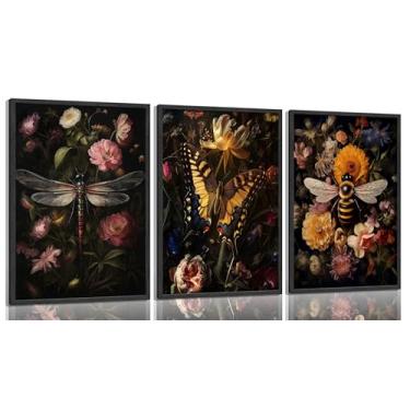 Imagem de 3 peças de arte de parede de inseto floral escuro gótico borboleta libélula abelha com pinturas em tela de flores pôsteres botânicos escuros impressões de imagens de insetos temperamentais decoração