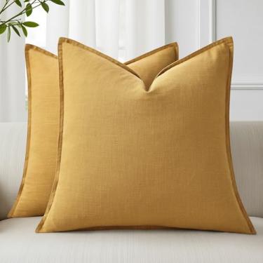 Imagem de decorUhome Capas de almofada decorativas de linho, 50,8 x 50,8 cm, conjunto de 2 capas de almofada amarelas mostarda macias, sólidas para sofá, cadeira, quarto, sala de estar