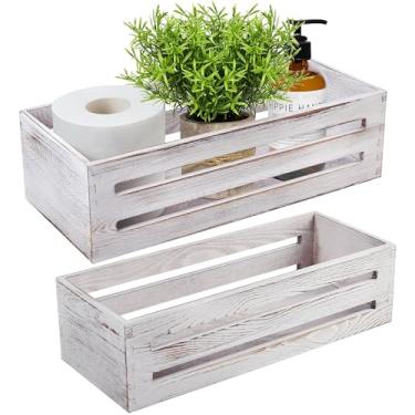 Imagem de LotFancy Caixa de decoração de banheiro, pacote com 2 suportes de papel higiênico de madeira, cesta de armazenamento de vaso sanitário branca para parte traseira do vaso sanitário, topo de tanque de banheiro de fazenda