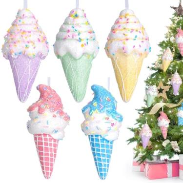 Imagem de 5 Pcs Pastel Ice Cream Candy Land Christmas Ornaments Set, Assorted Cute Macaron Color Dessert Hanging Pendant Decorations for Xmas Tree, Kids Birthday Party, Home Holiday Decor Supplies