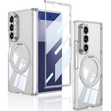 Imagem de Capa magnética transparente para Samsung Galaxy Z Fold 7 com suporte giratório e protetor de tela [compatível com carregamento sem fio] capa rígida de policarbonato transparente à prova de choque para