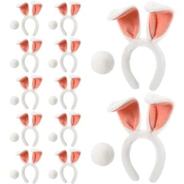 Imagem de Crowye Conjunto de tiara e cauda de orelhas de coelho de Halloween, conjunto de acessórios de fantasia feminina de orelha de coelho de pelúcia para lembrancinhas de festa de cosplay, Branco, One Size