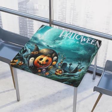 Imagem de hongjinglin Toalha de mesa quadrada para uso ao ar livre com borda elástica, toalha de mesa quadrada limpável para Halloween, abóbora, para ambientes externos, ambientes internos, pátio, jantar