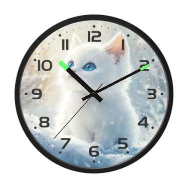Imagem de SEHANY Relógio de parede de gato fofo, silencioso, sem tique-taque, operado por bateria, controle de som, luz noturna, relógios de parede para sala de estar, cozinha, quarto, escritório, decoração de
