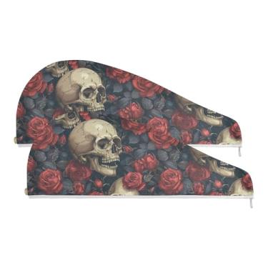 Imagem de SEHANY Toalha de cabelo de microfibra rosa e caveira para mulheres, 2 peças, turbantes de cabelo de secagem rápida com botão, touca de cabelo seco absorvente toalha de secagem de cabelo para cabelos