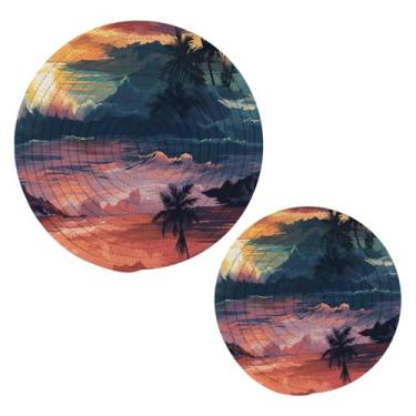 Imagem de Blueangle 2 peças de suporte de panela tropical de palmeira do pôr do sol - conjunto de pegadores de panela de tecido redondo - almofadas quentes trançadas de algodão - porta-copos - tapetes de mesa