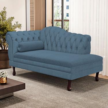 Imagem de Divã Recamier Chaise Longue Lavínia 150cm Capitonê Pés De Madeira Linho Azul - Desk Design
