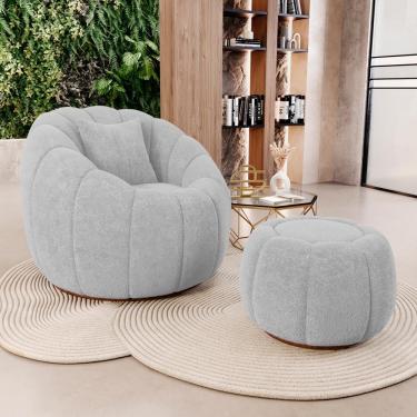 Imagem de Poltrona Decorativa Concha Giratória Com Puff Estilo Abóbora Shell Bouclê Cinza Claro - Desk Design