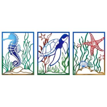 Imagem de ORNAROVI 3 peças de decoração de parede de tartaruga marinha de metal cavalo marinho estrela do mar arte de parede costeira decoração de banheiro decoração oceano pendurado ao ar livre escultura de