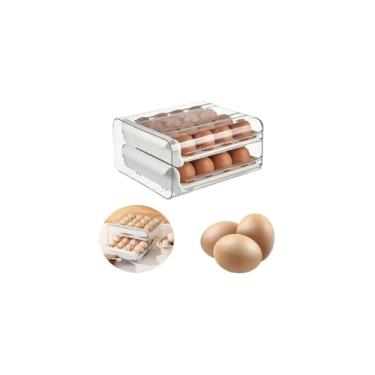 Imagem de Porta Ovos 32 Unidades, Branco, Plástico, 2 Gavetas Empilháveis, 22.5x21x14cm, Organizador para Geladeira