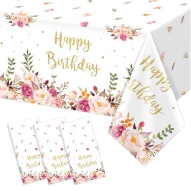 Imagem de 3 peças de toalhas de mesa retangulares à prova d'água rosa floral feliz aniversário decoração de festa tema pétala descartável capa de mesa de plástico para lembrancinhas de festa de aniversário para