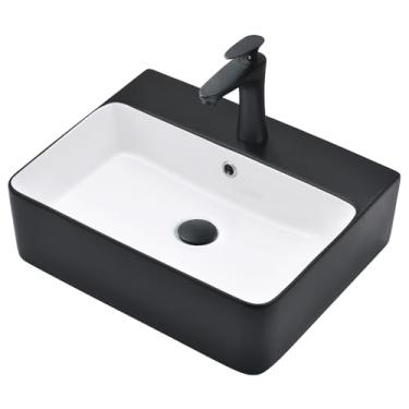 Imagem de Pia de banheiro preta de 50 cm com torneira e ralo Combo VASOYO 50 x 40 cm Pia de banheiro preto e branco fosco acima do balcão Pias de vaso retangular de porcelana com combinação de torneira e ralo