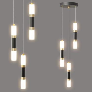 Imagem de Luminária pendente moderna para cozinha, com 3 lâmpadas LED reguláveis, ideal para ilha ou quarto. Design moderno em formato de lanterna (preto e dourado).